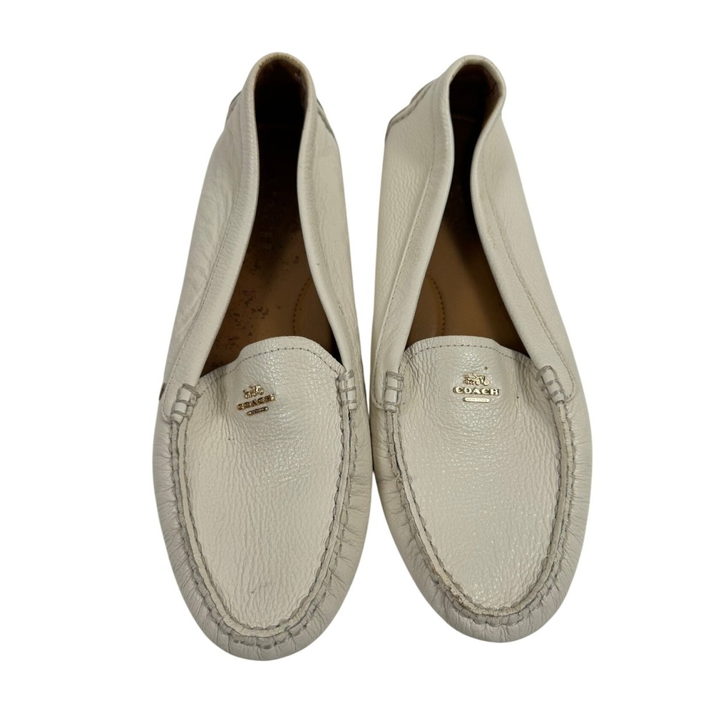 Coach Amber Off White Pebbled Leather Driving Loafers Gold Logo Flats 10B